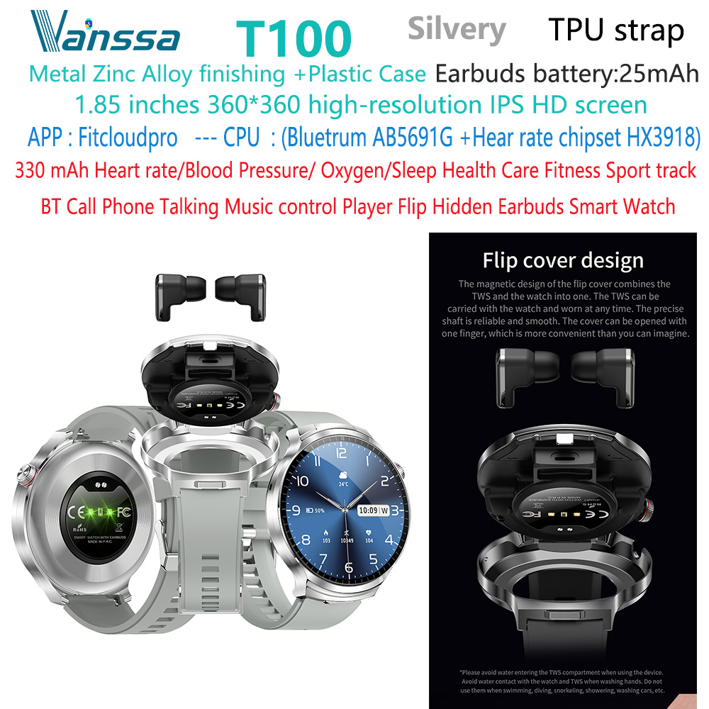 Reloj inteligente con auriculares T100 de TPU plateado