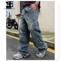 LARSUR kustom pabrik 3D bordir quilt patch biker kargo jeans distress wash lurus timbul padded moto biker denim celana