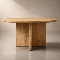 Ensemble de salle à manger rond en chêne clair rustique Wabi-Sabi avec base croisée et chaises en lin pour hôtels de charme et résidences