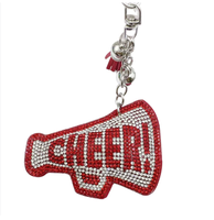 Bling Crystal Rhinestone Diamond Trompeta Llavero Cheerleader Squad Team Superfan Popcorn Cheer Megáfono Borla Gato Patrón