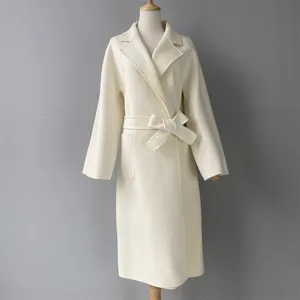 Sıcak satış yüksek kalite fabrika toptan özel renk kemer tasarım kadınlar uzun çift yüzlü dokuma kaşmir ceket