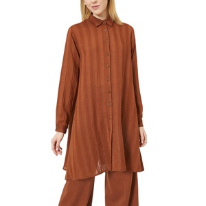 Wholesale Women Brown Turn Down Collar <strong>Long</strong> <strong>Sleeve</strong> Button up Loose <strong>Tunic</strong> <strong>Tops</strong> - Product Image 1