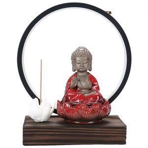 Incensario de reflujo de incienso de cerámica LED de Buda creativo con Base de madera soporte de cascada de humo para decoración aromática de escritorio de oficina en casa - Product Image 6