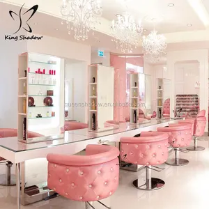 Perlengkapan Salon Rambut dan Furnitur, Perlengkapan Salon Penata Makeup Cermin Set Kursi Bar Merah Muda