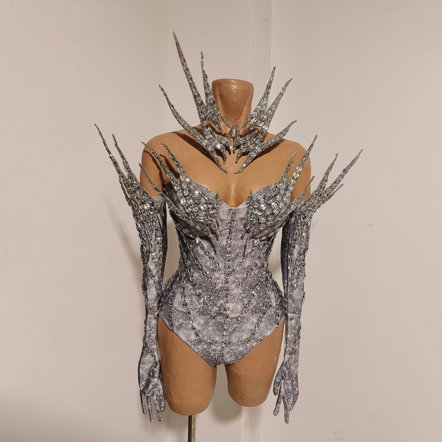 Sexy Silver Futuristic Alien Stage Dress Sparkly Spiky Rhinestone Bodysuit Mask Set Drag Queen Showgirl Cyberpunk Rave Wear 3D
