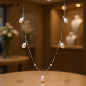 Amy Amy Pearl Necklace C3242 Women 925 <b>Silver</b> Faux Pearl Pendant <b>Snake</b> <b>Chain</b> Classic Everyday Wear White Rice Shape - Product Image 2