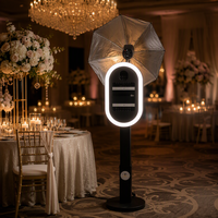 Machine photomaton métallique réglable en hauteur, impression instantanée en libre-service, kiosque événementiel pour location de mariages et fêtes, avec flash et parapluie