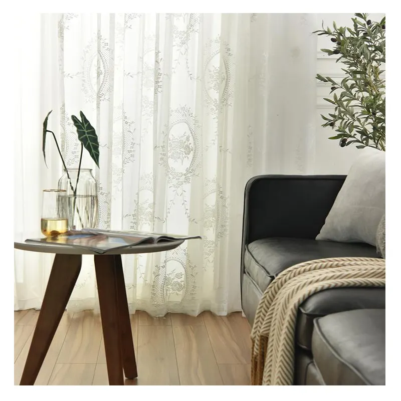 Europian Style Livingroom Window White Brown Solid Color Cheap Voile Embroidered Sheer Curtains