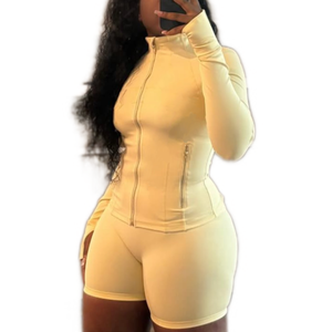 Giacca con cerniera in oro rosa e pantaloncini sportivi da <span class=keywords><strong>palestra</strong></span> da <span class=keywords><strong>donna</strong></span> Set sportivi Activewear abiti da allenamento in due pezzi Set abbigliamento <span class=keywords><strong>donna</strong></span> - Product Image 2