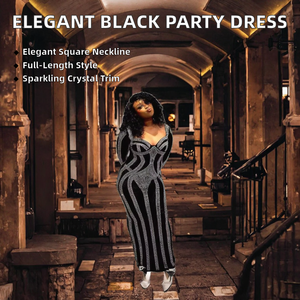 Impresionante Vestido de Fiesta Negro sin Mangas con Cuello Cuadrado, Largo hasta el Suelo, Cola Larga y Recta, con Pedrería - Product Image 2