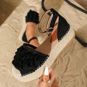 Novedad de verano, <span class=keywords><strong>sandalias</strong></span> para mujer, estilo de vacaciones negro con arrugas onduladas, zapatos de <span class=keywords><strong>pescador</strong></span> de paja de fondo grueso de 5cm, zapatos de mujer con una correa - Product Image 3