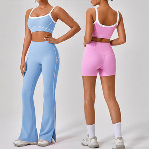 Shinbene Của Phụ Nữ 4Pcs Hoạt Động Thiết Lập Cơ Bản Thể Thao Áo Ngực Crop Tops Cao Eo Quần Short & Flare Xà Cạp-Màu Sắc Tương Phản Cộng Với Kích Thước - Product Image 2