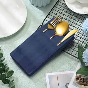 Serviette jetable en lin avec poche à couverts intégrée et serviette en tissu bleu marine <span class=keywords><strong>pré</strong></span>-pliée pour mariages, dîners ou fêtes - Product Image 3