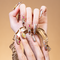 32 pièces Faux ongles à presser doré chromé, extra longs, forme Stiletto, avec breloques 3D, permanents, vente en gros, logo personnalisé