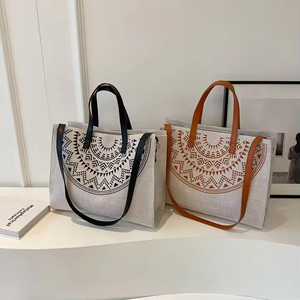 Sac fourre-tout en toile de grande capacité de style ethnique pour femmes, sac à main féminin tendance avec décoration en nœud, sac à fermeture éclair tendance - Product Image 1