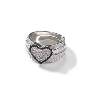 แหวนเพทายรูปหัวใจชุดไมโครชุบทองสำหรับผู้ชายแหวนฮิปฮอปแหวนเพชร CZ สีดำแบบเต็มสามารถปรับได้