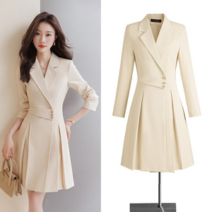 Apricot Suit Dress Women Natural Waist Notched Neck Pleated Anti-Wrinkle Career Daily Wear - Product Image 1