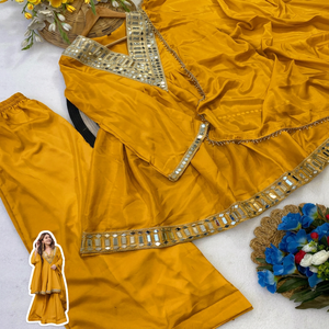 Mustard Yellow Silk Satin Ethnic <b>Shawl</b> Set With Rhinestone Embellishment Traditional Indian Pakistani <b>Wedding</b> Wear Women's Sprin - Product Image 5