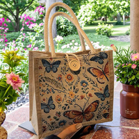 Sac fourre-tout décontracté en jute de style vintage avec motif floral grande capacité avec bouton sac à main réutilisable sac cadeau promotionnel