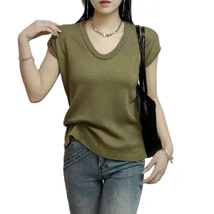 Kualitas unggul kaus Wanita lengan pendek kerah V tunik rajut atasan katun rajutan kaus lengan pelangsing dalam wanita