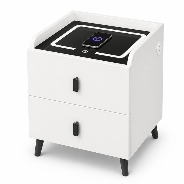 Smart Nightstand Bedside Table Wireless Fast Charger Bluetooth Speaker Fingerprint Lock LED Light Tempered Apartment Bedroom