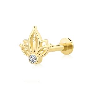 Piercing Stories 14K oro sólido flor de loto forma claro CZs oro internamente roscado Labret anillo Piercing cuerpo joyería - Product Image 1