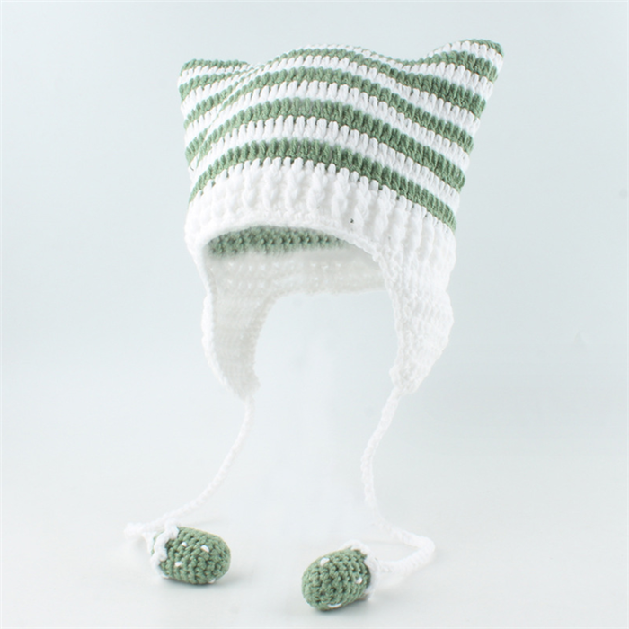 Custom Blue and White Striped Cat Ear Knit Beanie Cap - Eco