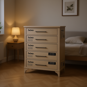 Comò a 5 cassetti con finitura sabbiata, design a pannelli in legno, mobili per camera da letto - Product Image 2