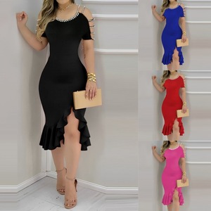 <span class=keywords><strong>Robe</strong></span> moulante <span class=keywords><strong>d</strong></span>'été à volants et fente, ornée de perles, pour femme - Product Image 2