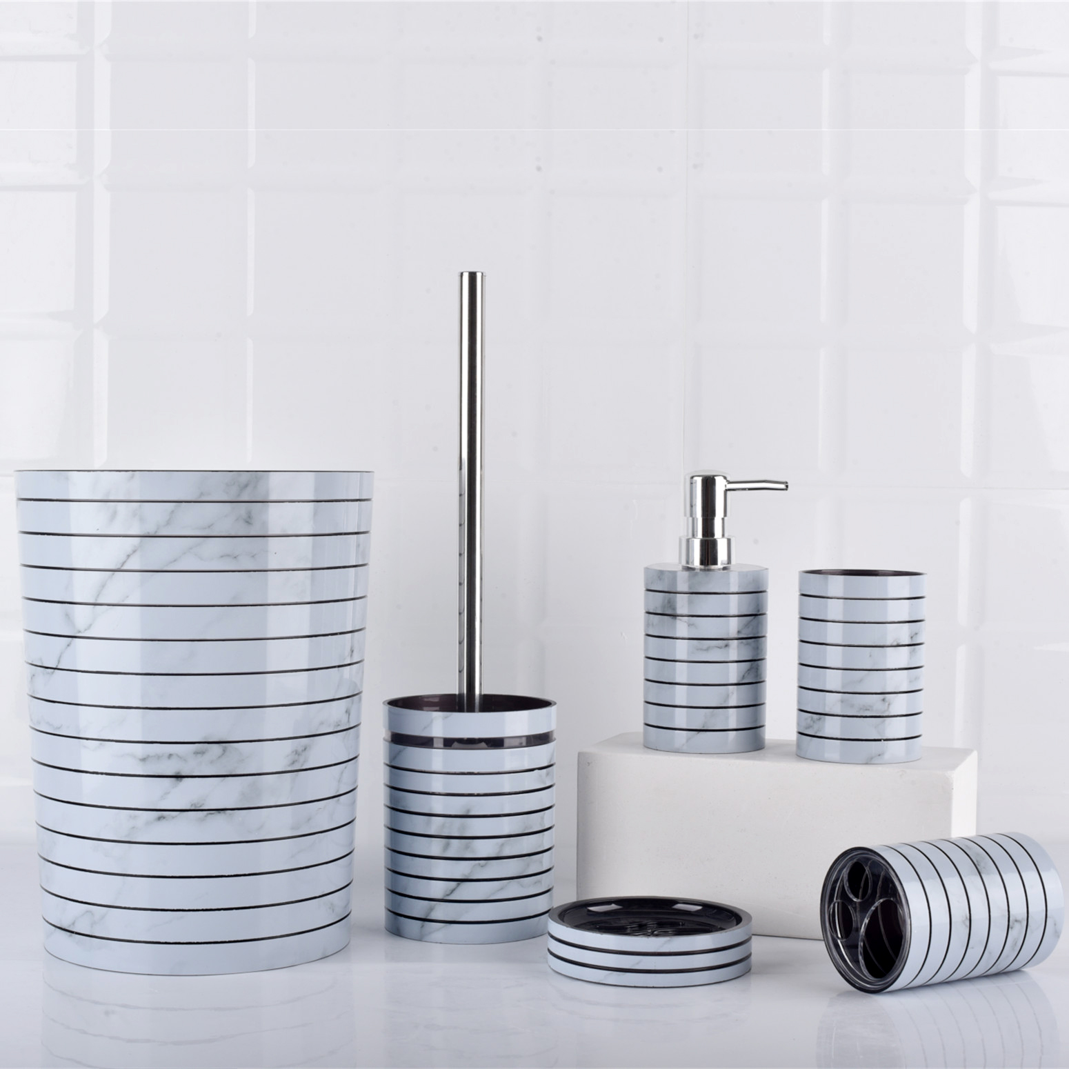 Marble plastic bath room sets 6 piece bathroom accessory for home