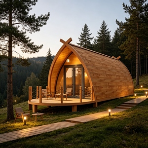 Maison modulaire en conteneur à toit arqué, imperméable, préfabriquée, pour <span class=keywords><strong>camping</strong></span>, hôtel de vacances, hébergement touristique en plein air - Product Image 1