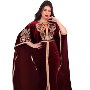 Vestidos Largo 2023 두바이 중동 아랍 가운 의류 솔리드 라운드 넥 스팽글 골드 벨벳 롱 드레스