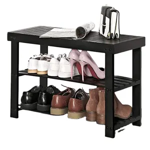 Wood Black Shoe Rack Bench 3-Tier販売のため、Wooden Shoe Organizer、Bamboo靴ラック棚