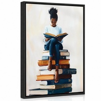 Peinture à l'huile murale « Femme lisant avec une pile de livres », avec cadre en aluminium noir mat, décoration pour bureau, hall, école, hôtel, salle d'étude