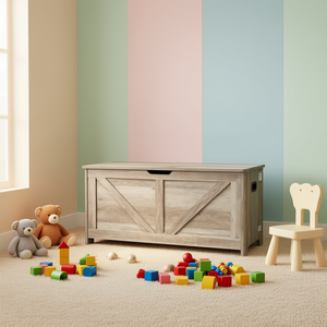 Coffre à jouets en bois pour enfants 38,98 x 15,55 x 18,9 cm, gris délavé, avec couvercle rabattable, boîte de rangement pour salle de jeux ou salon - Product Image 2