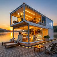 Casa Container a Due Piani, Edificio Modulare Moderno con Struttura in Acciaio e Facciata in Vetro, Montaggio Rapido per Ristoranti e Caffè sul Lago