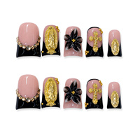 Kuku Palsu Custom Press-on Model Duck Bill Buatan Tangan Warna Nude Hitam French Tip 3D Bunga Salib 10 Pcs Full Cover Ujung Kuku Lengkung