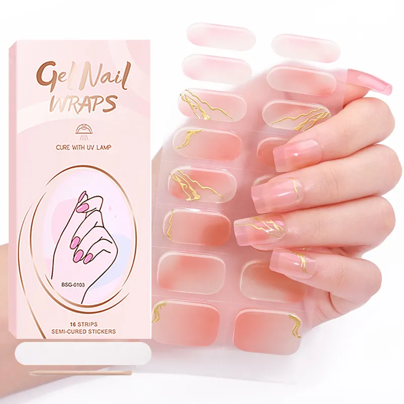 Usine directe en gros ongles gel bande treillis personnaliser conception semi-durci UV gel ongle autocollant