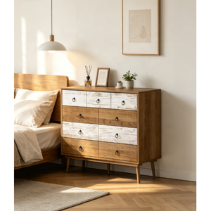 Cómoda Ancha <span class=keywords><strong>Vintage</strong></span> de 9 Cajones con Acabado Desgastado, Mueble de Madera Bicolor de Mediados de Siglo con Tiradores de Anillo de Metal Negro - Product Image 6