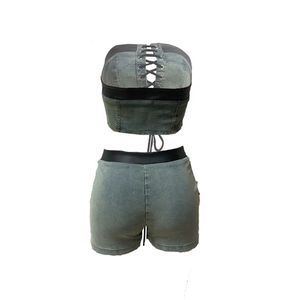 Stretch Denim Bandage 2-teiliges Set für Damen sexy Schlauchoberteile und Shorts passend 2024 Sommer Straßen-Safari Baddie-Outfits - Product Image 6