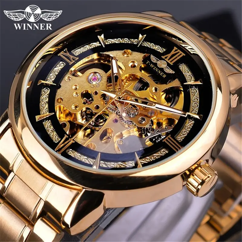 Winner Fashion Golden Mechanical Watches Mens Stainless Steel Strap Luxury Luminous Waterproof Skeleton Business Wrist Watch