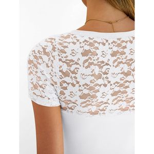 Camiseta básica ajustada de punto acanalado con encaje y cuello en V de manga corta para mujer, ropa informal de verano - Product Image 6