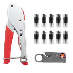 Набор инструментов для обжима коаксиального кабеля с инструментом для зачистки проводов, ручные инструменты из углеродистой стали для коаксиального кабеля RG6, 10 компрессионных коннекторов - Product Image 1