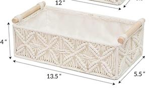Cesta de Almacenamiento Boho de Macramé, Bandeja Organizadora Rectangular de Cuerda de Algodón, Blanca, Tejida, para Escritorio, Baño, Dormitorio - Product Image 2