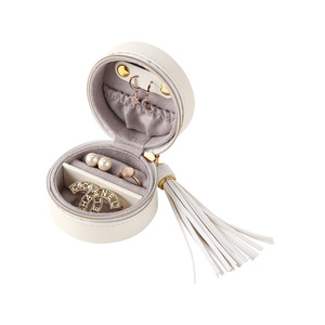 Portable mini round zip close pu leather earring ring jewelry storage box with tassel