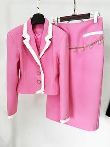 <span class=keywords><strong>Blazer</strong></span> contrastante con cuello en V sexy <span class=keywords><strong>rosa</strong></span> de alta calidad para mujer + falda de longitud media conjunto de moda nuevo conjunto de dos piezas ajustado de viaje - Product Image 4