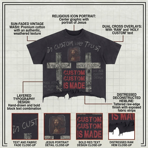 <span class=keywords><strong>T</strong></span>-shirt Vintage in Cotone da Uomo 300gsm, Maglietta <span class=keywords><strong>Nera</strong></span> con Grafica Croce Sacra Effetto Sbiadito, Stile Distressed, Girocollo, Streetwear - Product Image 4