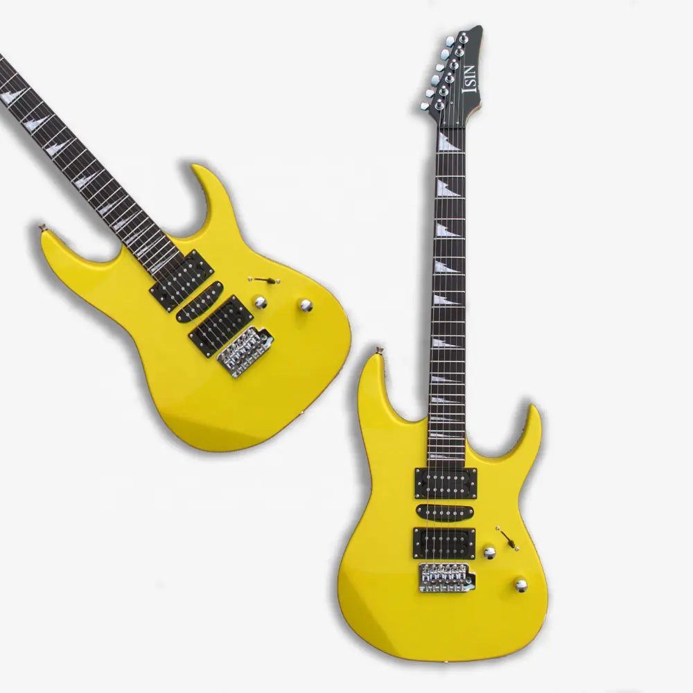 Alat Musik Harga Pabrik Logo OEM Kuning Biru Hitam Keren Berbentuk Tangan Kiri 6 Senar Memimpin Gitar Listrik Solo