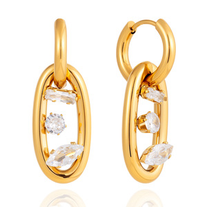 Pendientes de Aro Doble con Circonitas Geométricas, Tono Dorado, Acero Inoxidable, Joyería para Uso Diario - Product Image 5