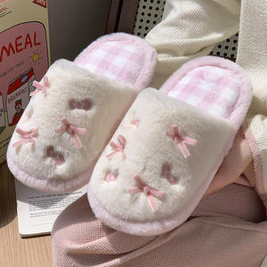 <b>Fluffy</b> Bow-Knot Open <b>Slippers</b> for Women <b>Pink</b> Color Blocking Lined Warm Indoor Home Wear Autumn Winter Non Slip EVA Upper Soft - Product Image 1